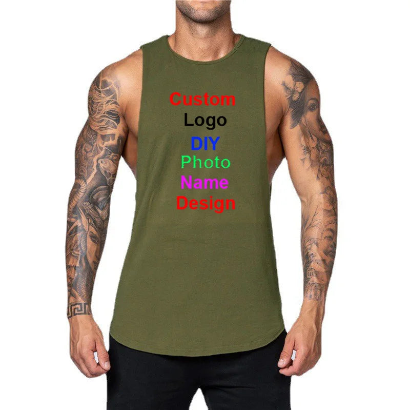 DIY Custom Logo Gym Tank Top for Men – Cotton Muscle Sleeveless Workout Vest