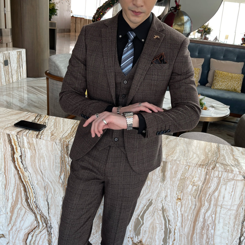Men’s Modified Plaid Three-Piece Suit – Slim Fit England Style Vest & Trousers Set