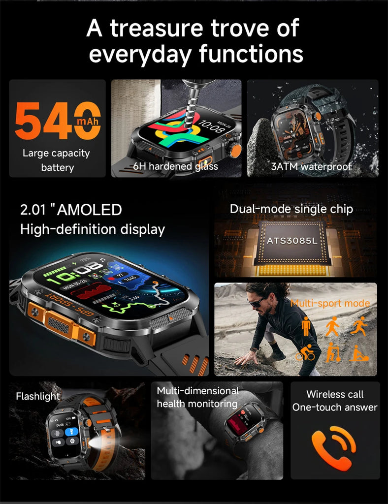 Military-Grade GPS Smartwatch for Men – 2.01” AMOLED, Bluetooth Calling, 3ATM Waterproof, 100+ Sports, 540mAh Battery