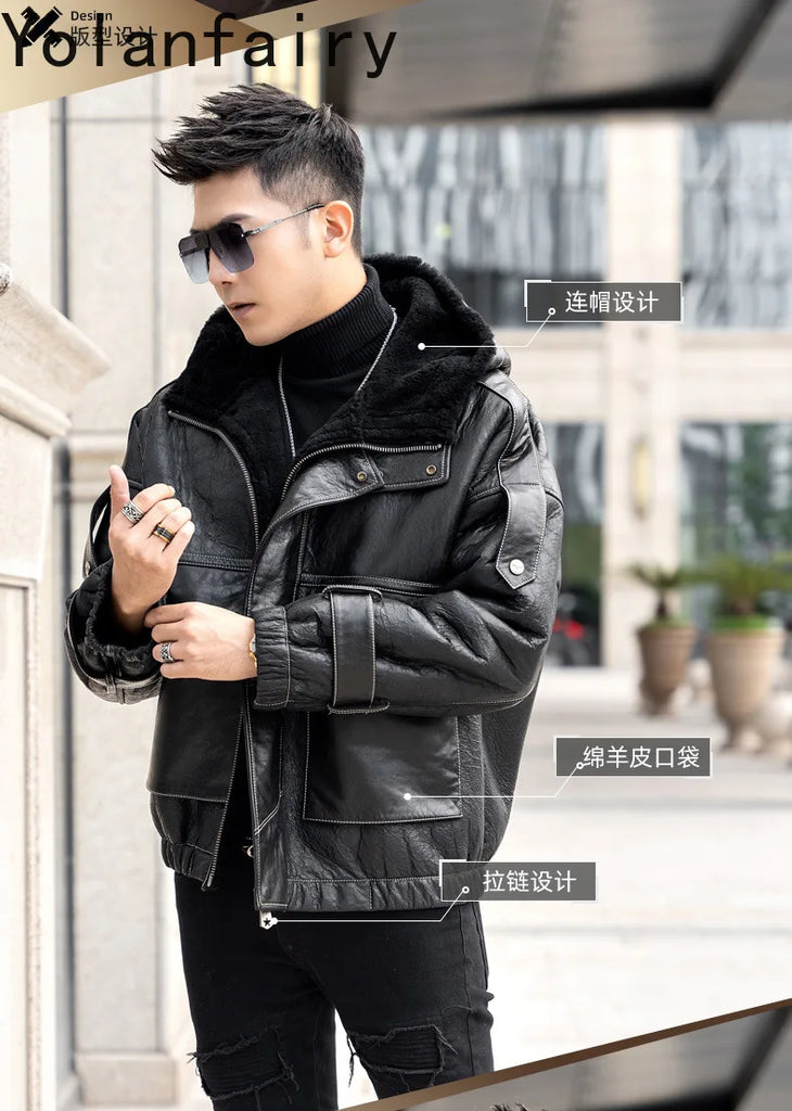 Men’s Natural Sheepskin Leather Jacket with Real Fur Hood – Winter Wool Lined Fur Coat