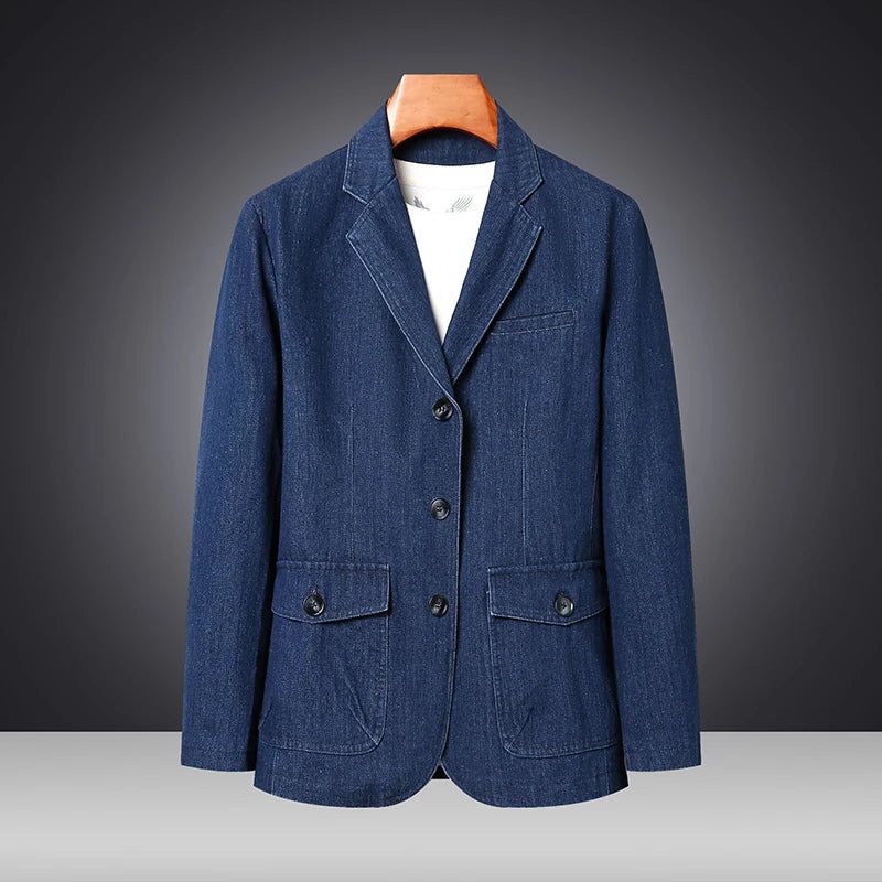 Men’s Solid Denim Jacket – Vintage Casual Slim Fit Cotton Blazer