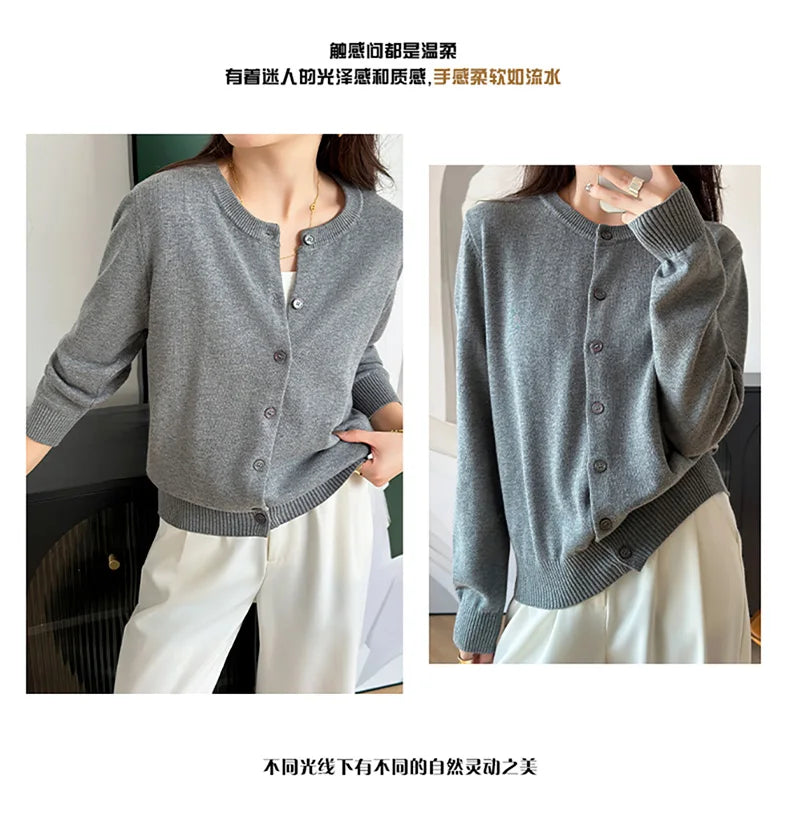 100% Cotton Women’s O-Neck Solid Cardigan – Luxury Designer Pullover