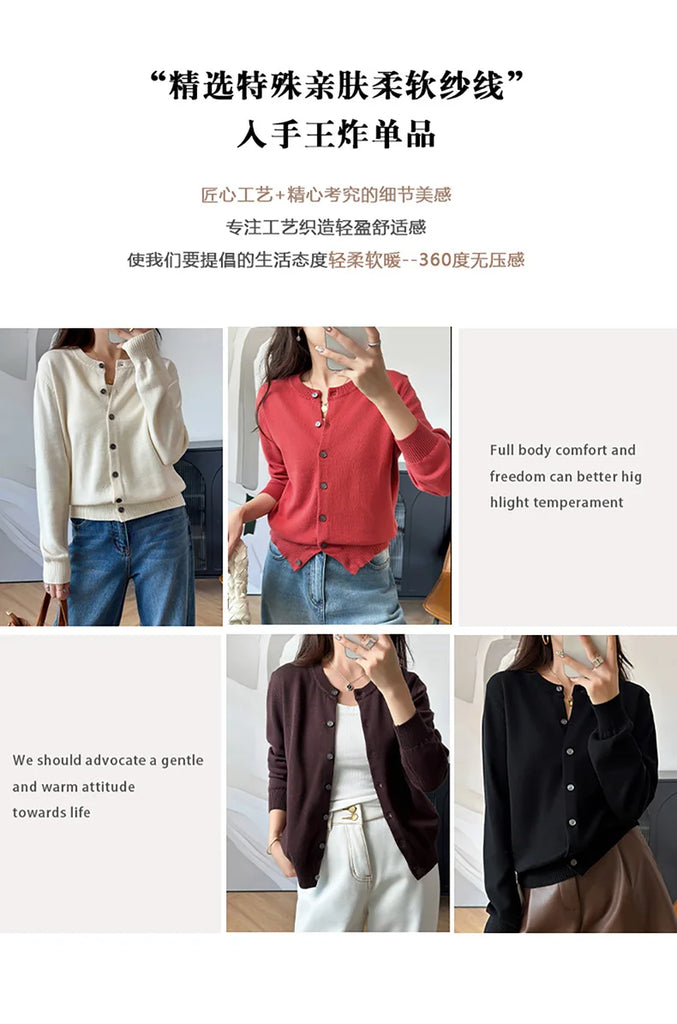 100% Cotton Women’s O-Neck Solid Cardigan – Luxury Designer Pullover