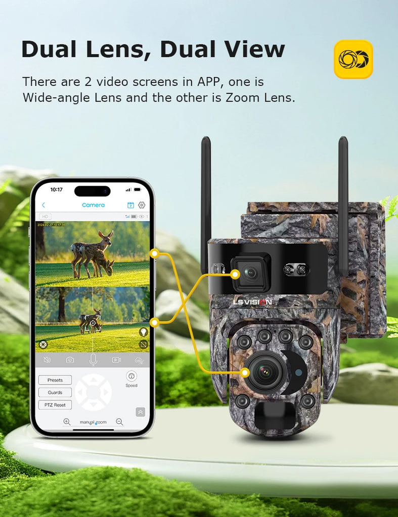 LS VISION Dual Lens Solar Security Camera – 4K WiFi/4G Wireless Outdoor Camera with Auto Tracking, 60X Zoom & Night Vision