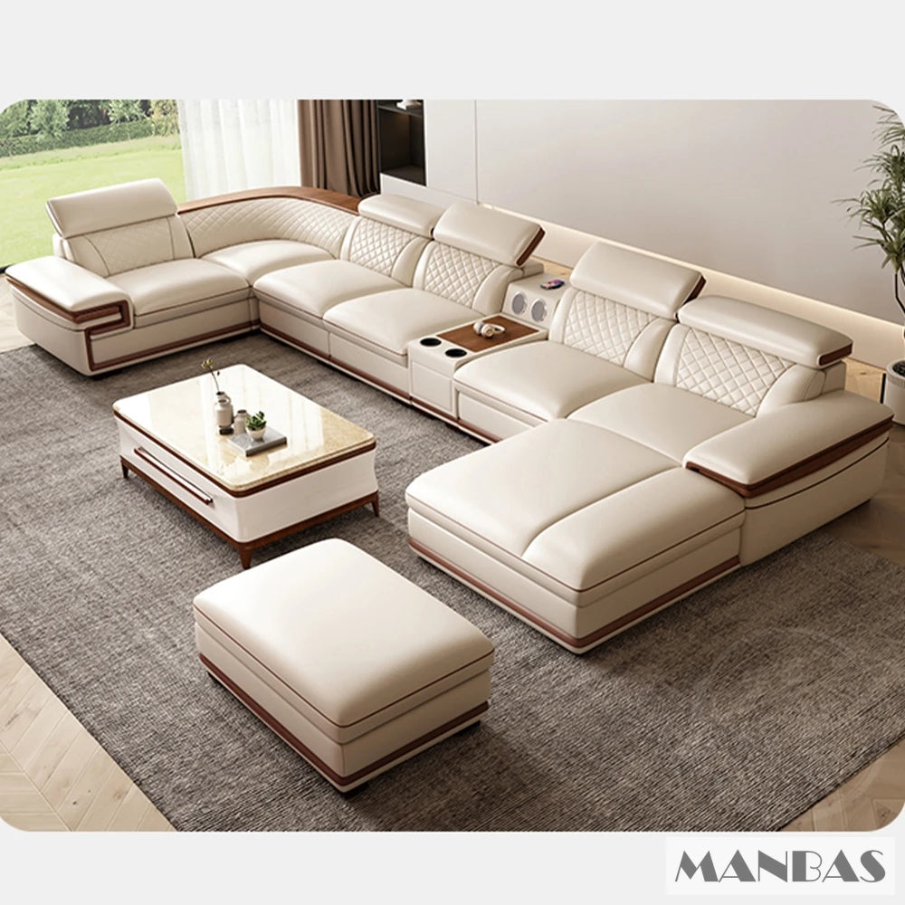 MINGDIBAO Italian Genuine Leather L-Shaped Sofa Set with Adjustable Headrests, Bluetooth Speaker & Wireless Charging