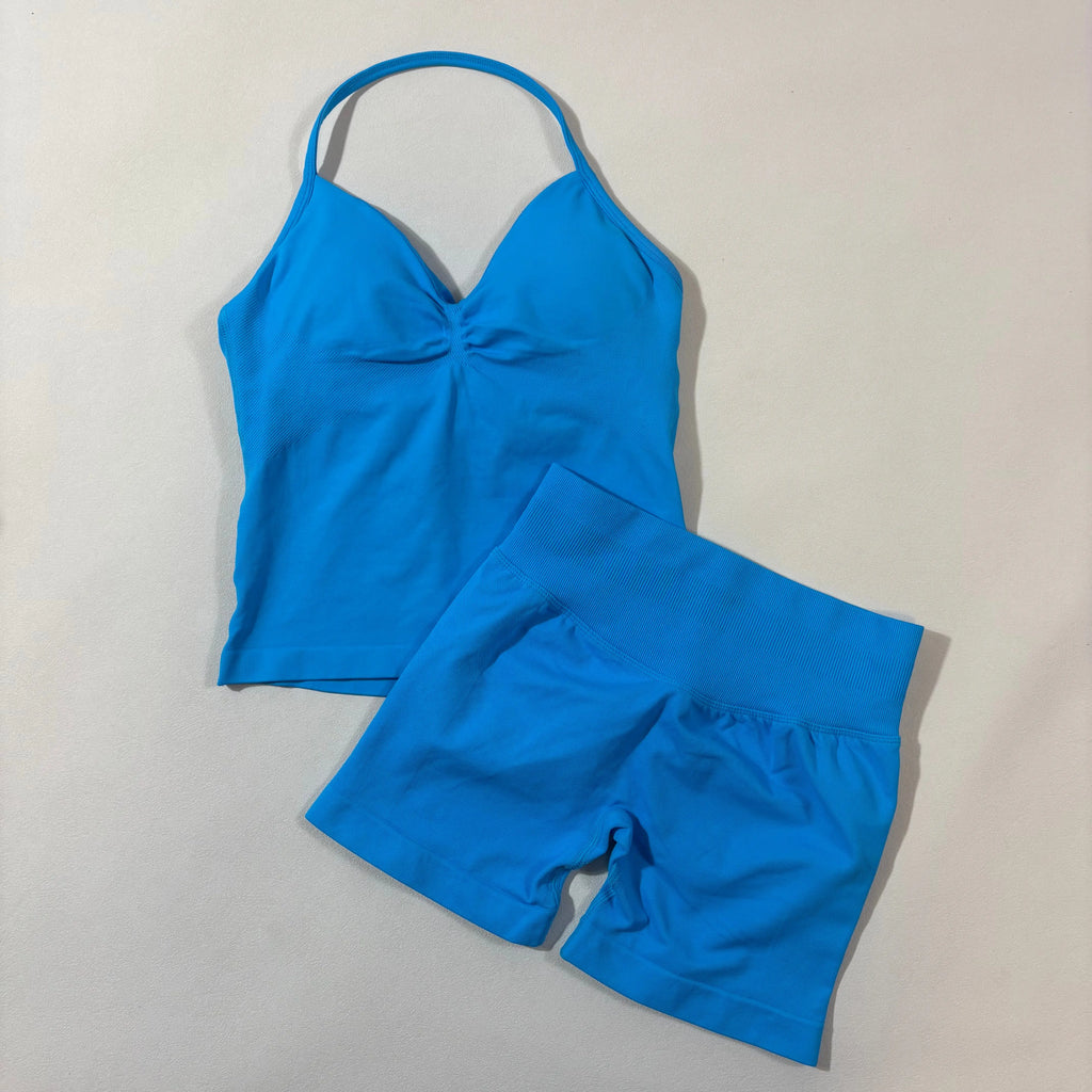 Women’s Seamless Yoga Gym Set – Backless Tank Top & High Waist Scrunch Shorts (2PCS)