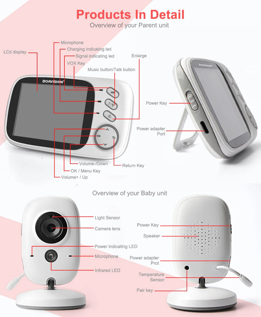 VB603 2.4G Wireless Video Baby Monitor with 3.2" LCD, Two-Way Audio, Night Vision & Temperature Monitoring