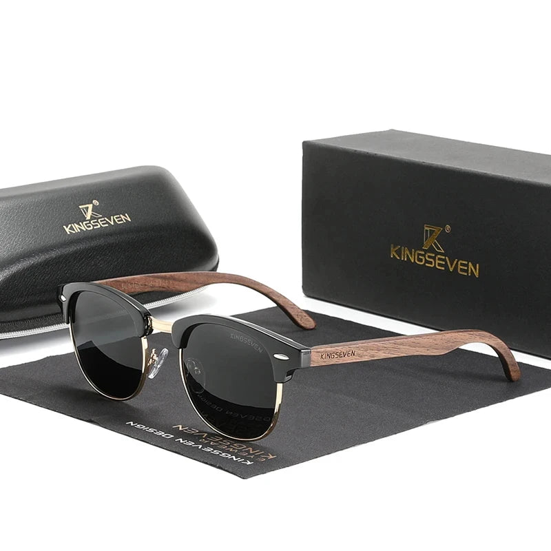 KINGSEVEN Handmade Black Walnut Wooden Polarized UV400 Sunglasses Semi-Rimless Retro Eyewear