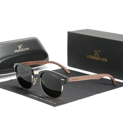 Sunglasses with wooden frame and 'KINGSEVEN' branding on packaging