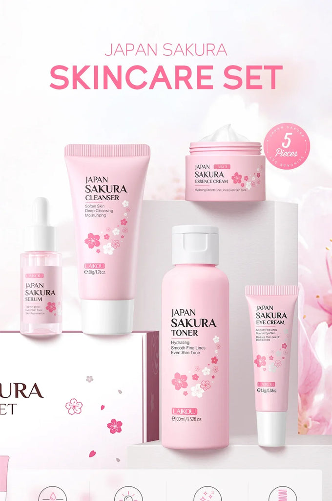 LAIKOU Sakura 5 Piece Skin Care Set Moisturizing Brightening Fine Line Reducing Facial Kit