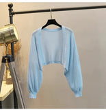 Lantern Sleeve Ice Silk Knitted Cardigan for Women – Summer Thin Loose Fit Outerwear with Slip Dress Sun Protection thumbnail 10