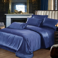 Bed Sheet Set 22mm 100% Mulberry Silk Seamless Fitted Sheet Duvet Cover Pillowcases – Dark Blue Silvery Colors