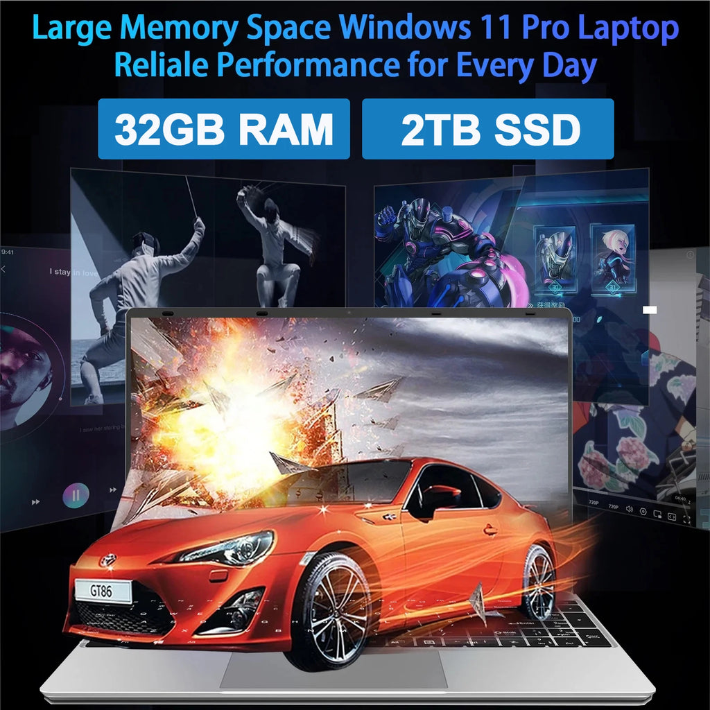 LENO 15.6" Laptop 32GB RAM 2TB SSD Intel 6500Y Windows 11 Notebook with Backlit Fingerprint & 5000mAh Battery