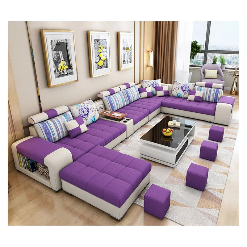 Modern U-Shaped Fabric Sofa Set with USB & Stools – Living Room Couch, Customizable Colors