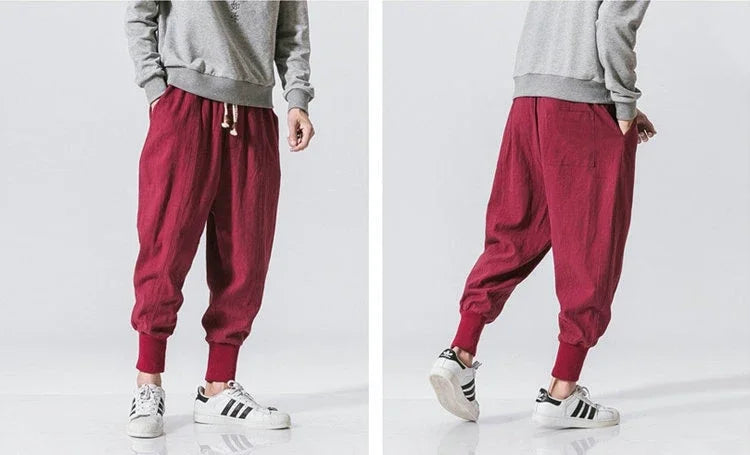 Men’s Cotton Linen Harem Pants – Baggy Streetwear Joggers with Elastic Waist