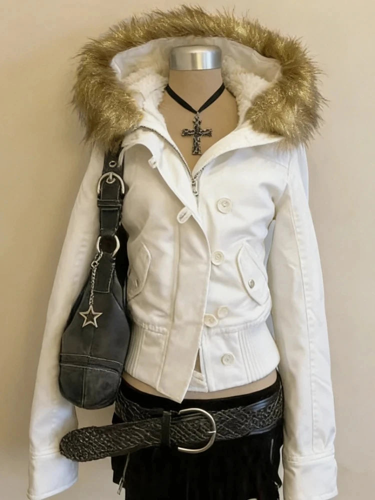 Spring Retro Faux Fur Coat for Women – Vintage 2000s Harajuku Gothic Punk Jean Parka