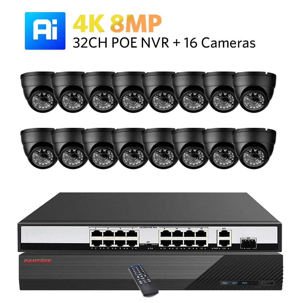 KANTURE 32CH 8MP 4K CCTV Camera System with AI Human Detection – Indoor & Outdoor POE Dome Cameras, Night Vision Security Kit