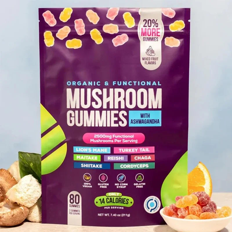 BIYODE 80 Count Organic Mushroom Gummies with Ashwagandha & Lions Mane – Immune Support, Brain Boost, Vegan Formula