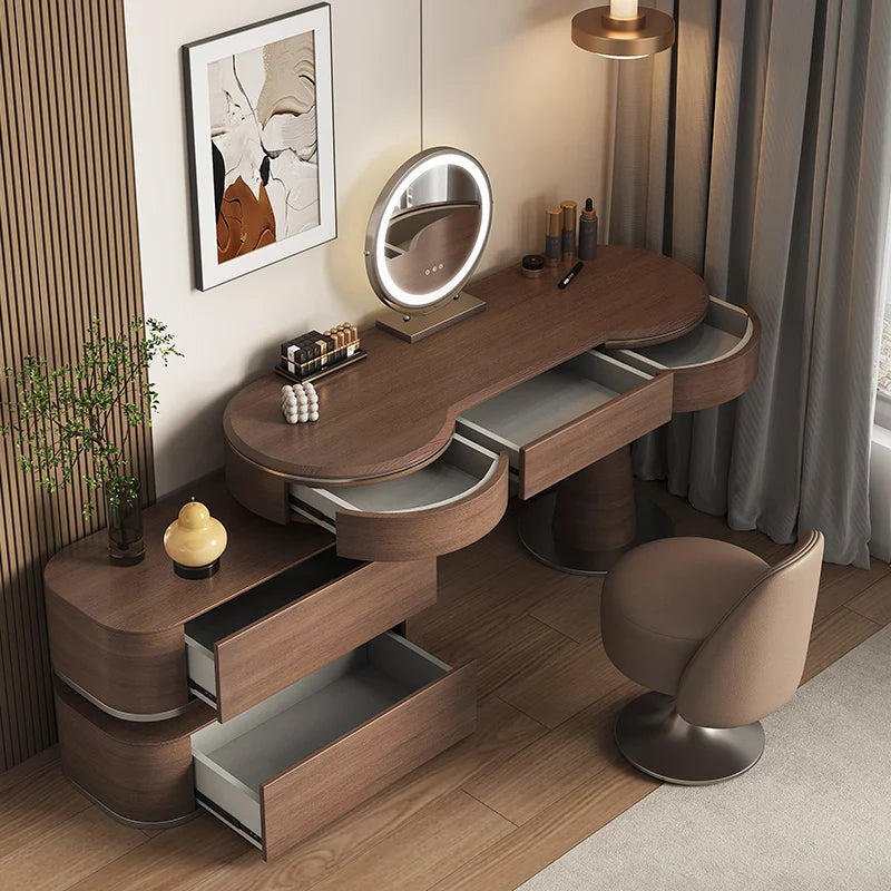 Luxury Modern Bedroom Dressing Table with Mirror, Makeup Stool, and Storage Drawers