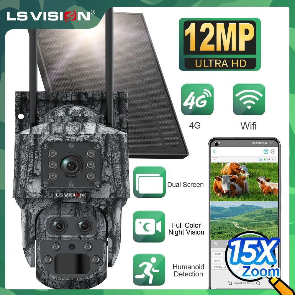 LS VISION 12MP 6K Solar Camera 15X Zoom 4G/WiFi Triple Lens Night Vision PTZ Trail Camera