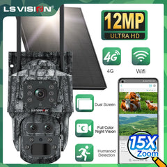 LS VISION 12MP 6K Solar Camera 15X Zoom 4G/WiFi Triple Lens Night Vision PTZ Trail Camera