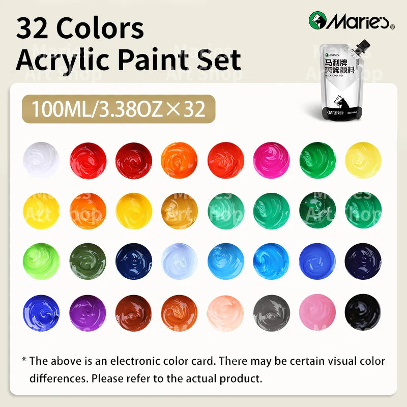 Marie's 32 Colors Professional Acrylic Paint Set 100ml – Rich Pigments for Canvas, Ceramic, Wood – Artists & Hobbyists