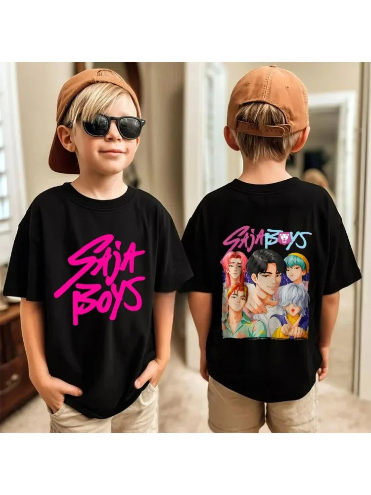 Vintage Saja Boys K-Pop Demon Hunters Print T-Shirt – Anime Short Sleeve Crewneck Casual Kids Tee