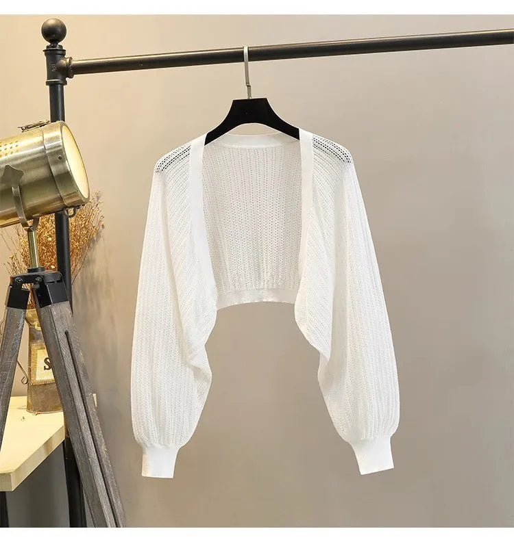 Lantern Sleeve Ice Silk Knitted Cardigan for Women – Summer Thin Loose Fit Outerwear with Slip Dress Sun Protection