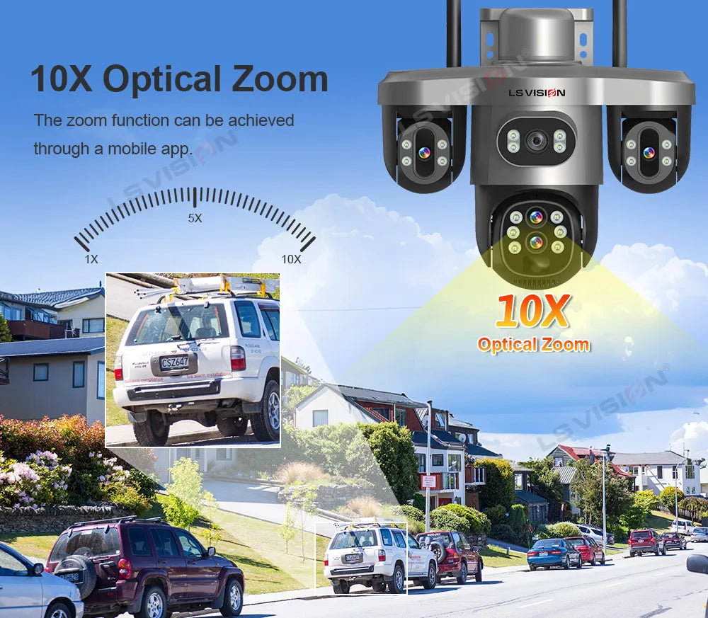 LS VISION 20MP 4-Lens Three Screen 4G/WiFi Solar Security Camera with 10X Optical Zoom and Auto Tracking