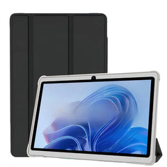 Tablet with a black folio case on a white background