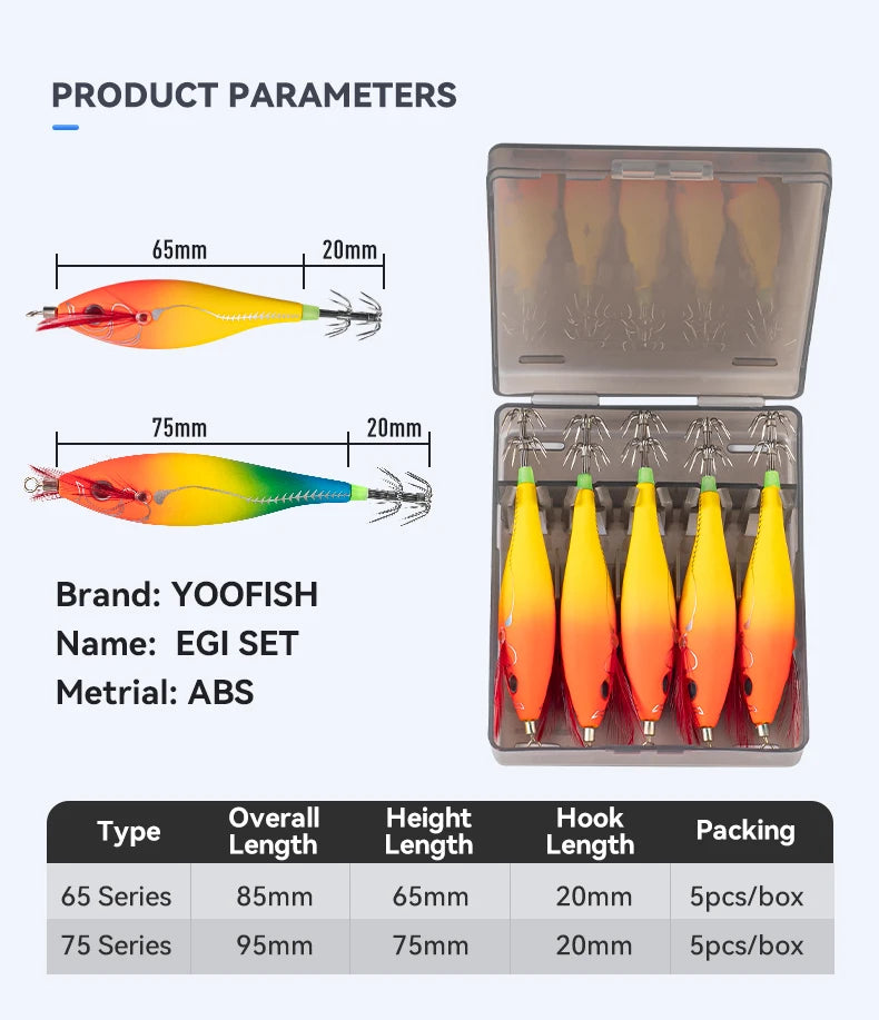 YOOFISH Luminous Horizontal Squid Jig (5pcs Set) – Premium Wood Shrimp Squid Hooks for Saltwater Fishing