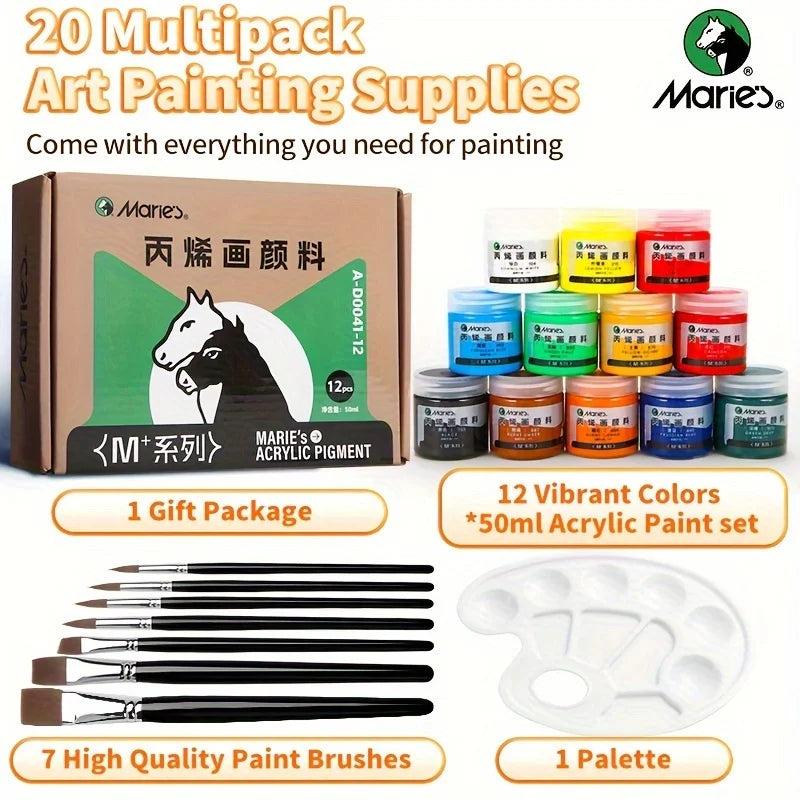 Marie's 20pcs Acrylic Paint Set – 12 Colors with 7 Brushes & 1 Palette for Canvas, Wood, Stone – Artists & Adults