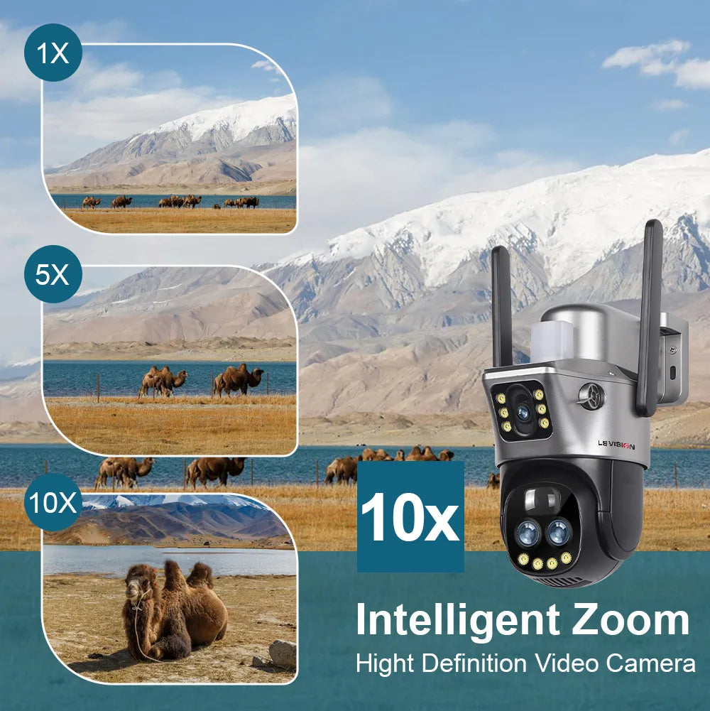 LS VISION Dual Screen Solar Camera 10X Zoom Outdoor WIFI/4G PTZ CCTV with Light Alarm