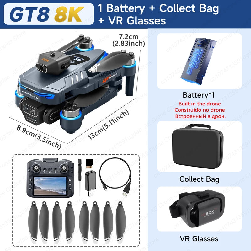 GT8 8K Professional HD Drone with Dual Cameras, 4.3” Screen Remote, Brushless Motor & Obstacle Avoidance – Foldable Quadcopter