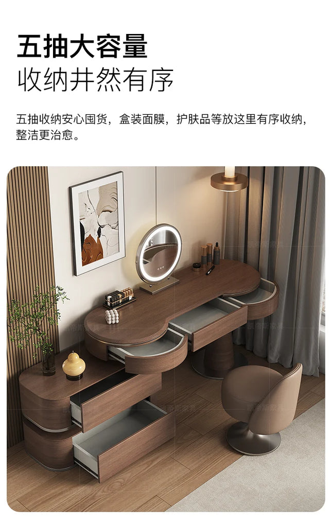 Luxury Modern Bedroom Dressing Table with Mirror, Makeup Stool, and Storage Drawers
