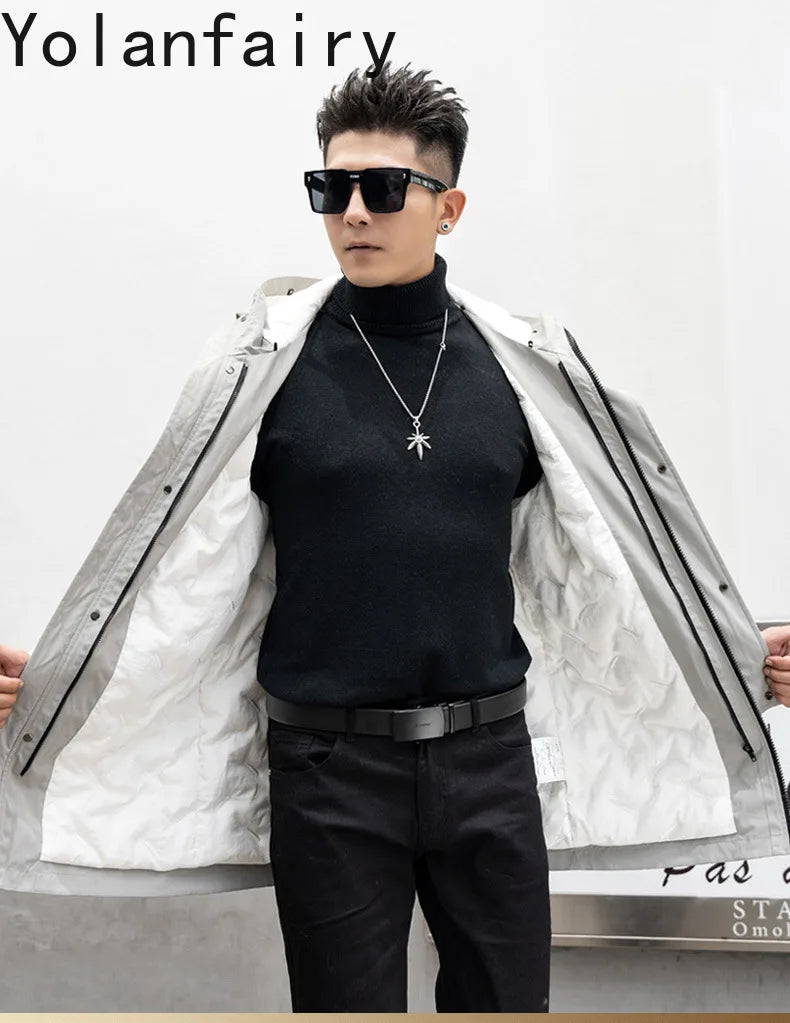 Real Mink Fur Inner Coat Men 90% Down 10% Feather Winter Mid-Length Jacket with Hood and Fox Fur Collar