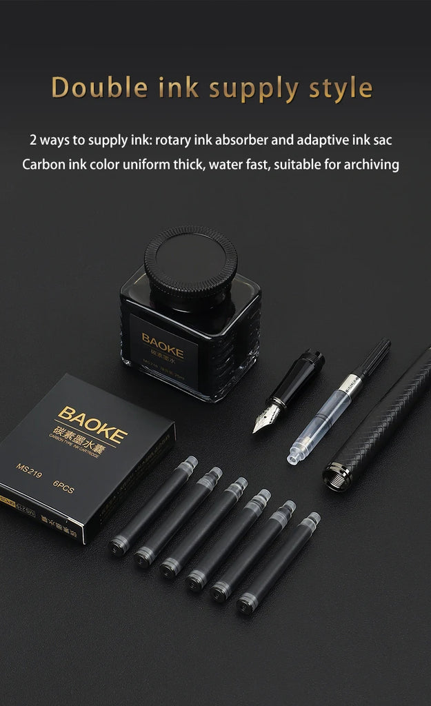 BAOKE T18/T19/T20 Black & Grey Fountain Pen Gift Set with Ink Bottle and 6 Cartridges – Stainless Steel Nib Metal Office Pen