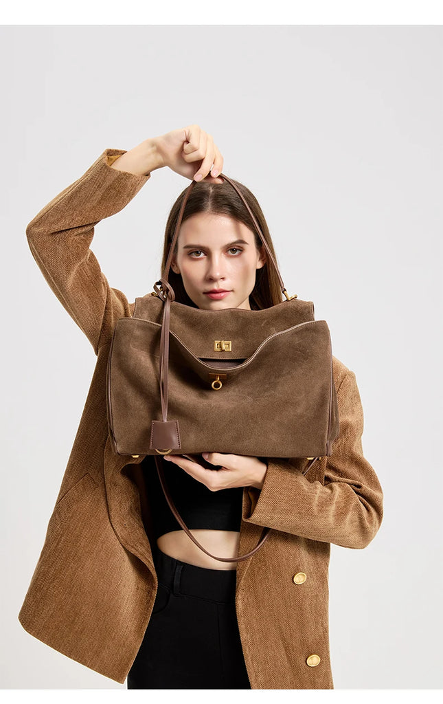 Women’s Genuine Suede Leather Large Capacity Shoulder Tote Bag Luxury Casual Handbag