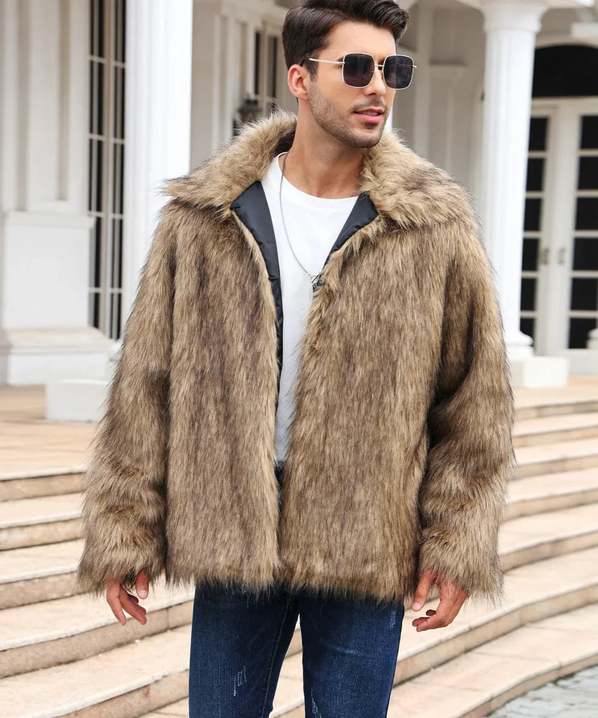 Men’s Faux Fox Fur Jacket Coat – Thick Shaggy Winter Outerwear