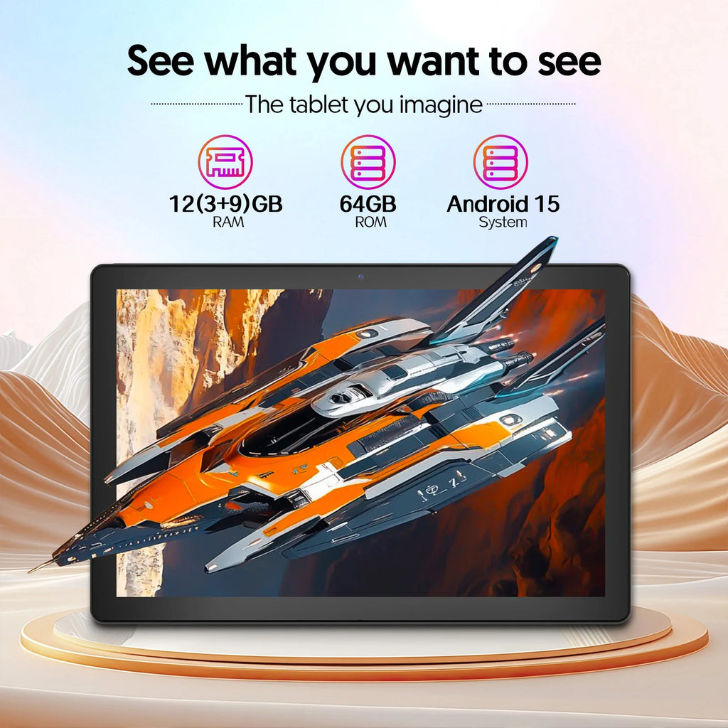 BAKEN 10-Inch Android 15 Tablet – Quad Core Processor, 12GB RAM (3GB+9GB), 64GB Storage, 1280x800 HD Display, Dual Camera, 5G WiFi