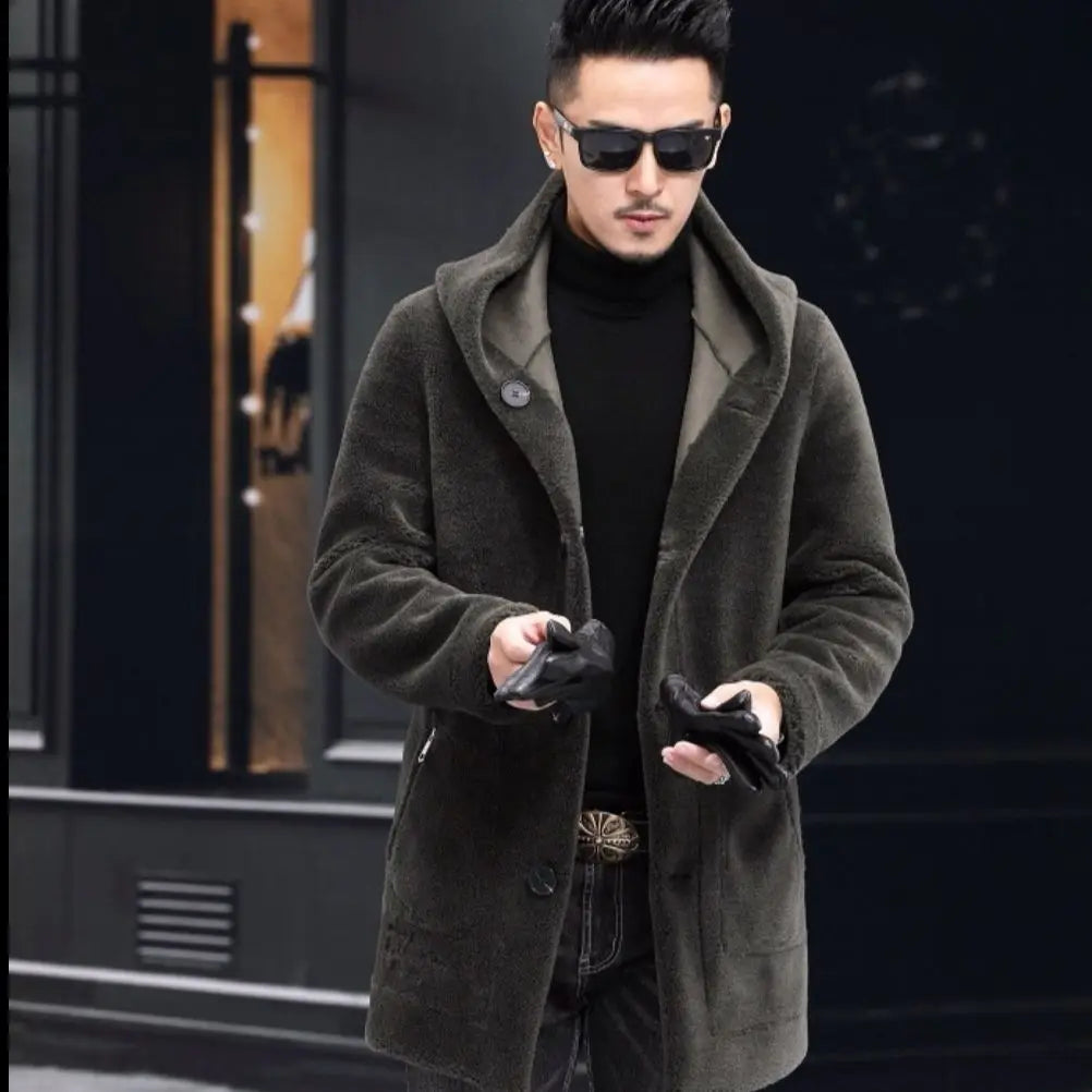 Men’s Winter Casual Thick Fleece Hooded Waterproof Jacket with Real Fur Wool Coat