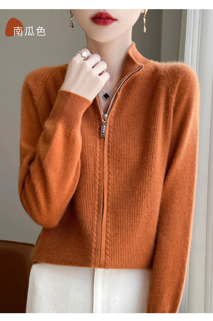 100% Wool Women’s Zipper Turtleneck Sweater – Casual Loose Knit Cardigan for Autumn/Winter