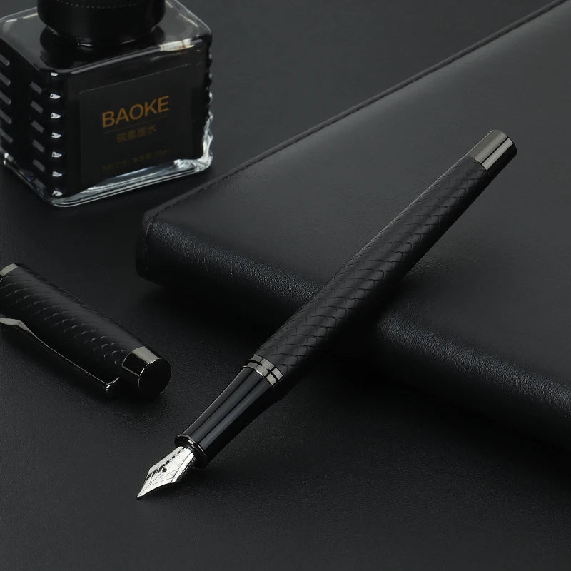 BAOKE T18/T19/T20 Black & Grey Fountain Pen Gift Set with Ink Bottle and 6 Cartridges – Stainless Steel Nib Metal Office Pen