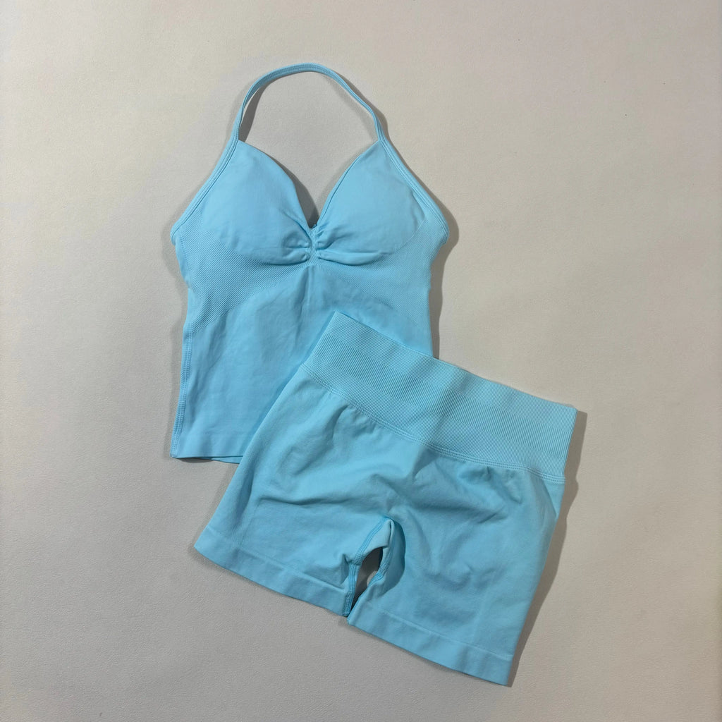 Women’s Seamless Yoga Gym Set – Backless Tank Top & High Waist Scrunch Shorts (2PCS)