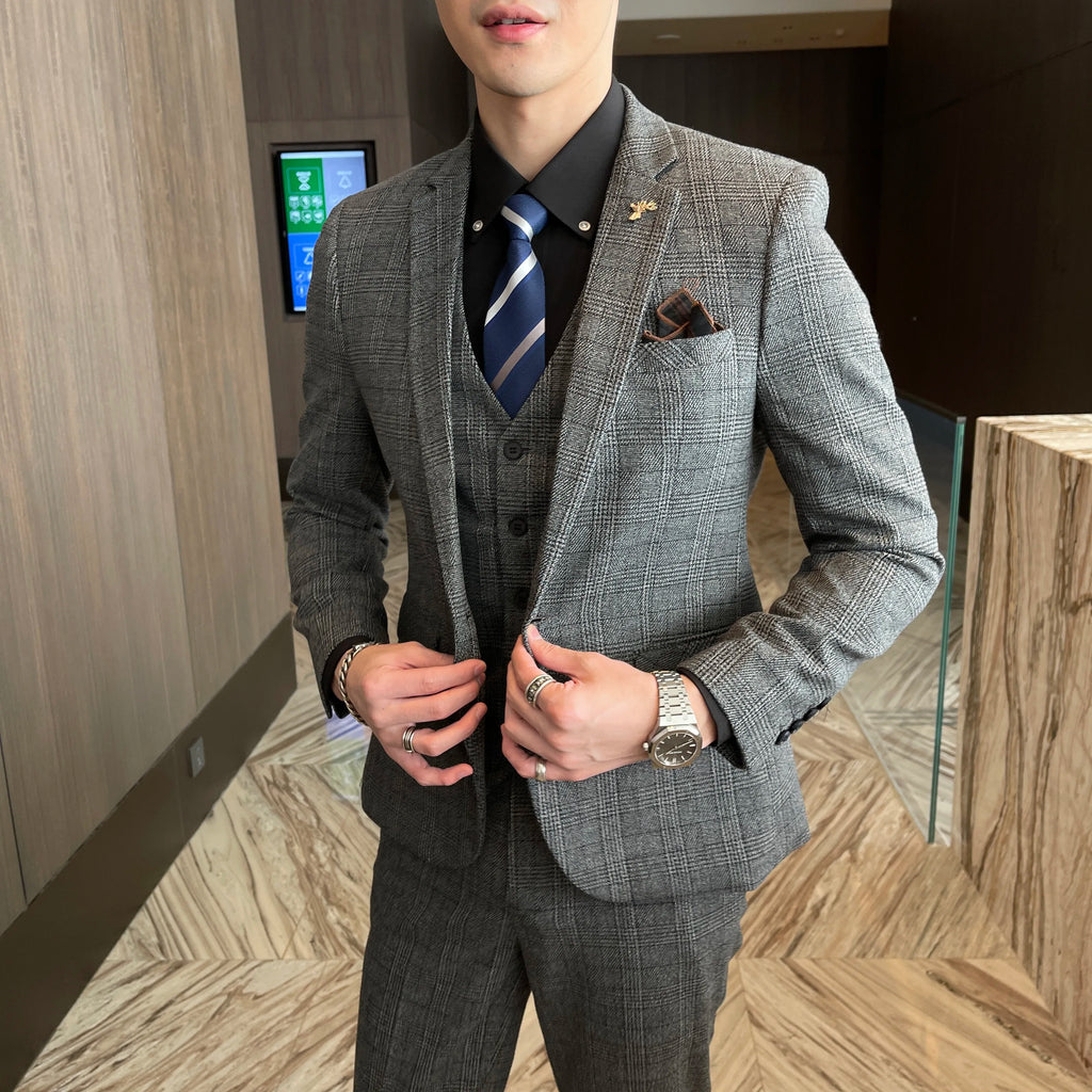 Men’s Modified Plaid Three-Piece Suit – Slim Fit England Style Vest & Trousers Set