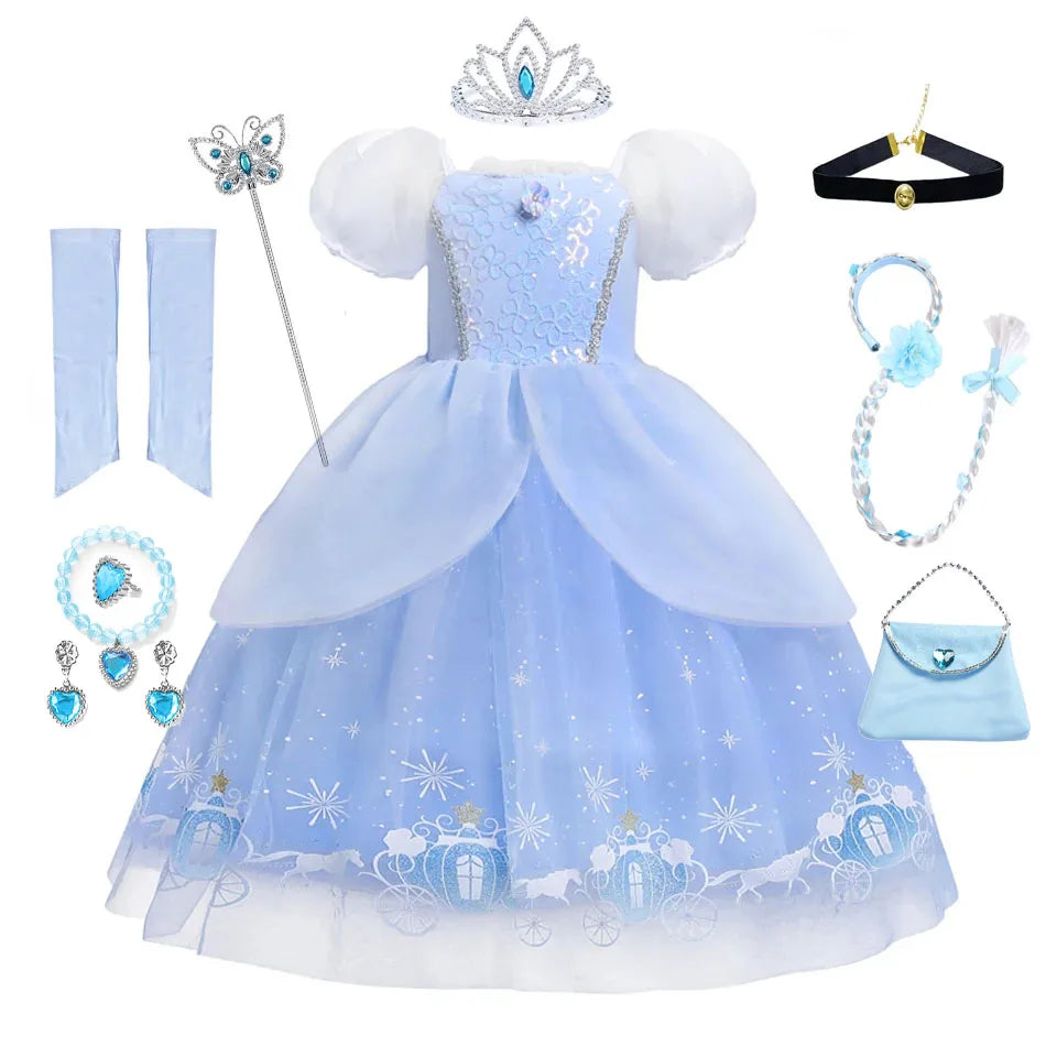 Cinderella Princess Cosplay Dress for Girls – Ball Gown Sequin Tutu Puff Mesh Summer Dress for Birthday & Carnival