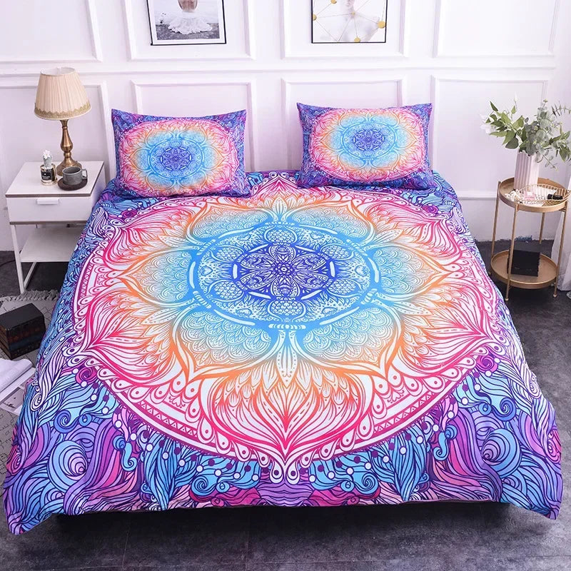 Mandala Lotus Flower Duvet Cover Set King Size Blue Purple Pink Bohemian 3D Print Bedding
