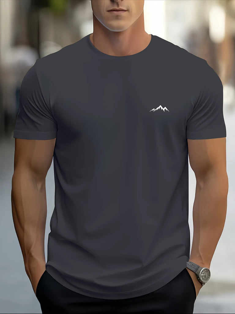 Men's Summer Cotton Casual Sports T-Shirt with Mountain Print, Short Sleeve, Round Neck