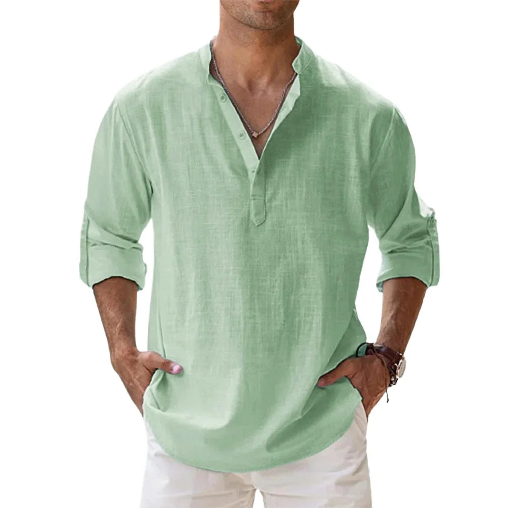 Men’s Cotton Linen Henley Short Sleeve Casual Shirt – Summer Beach & Everyday Wear
