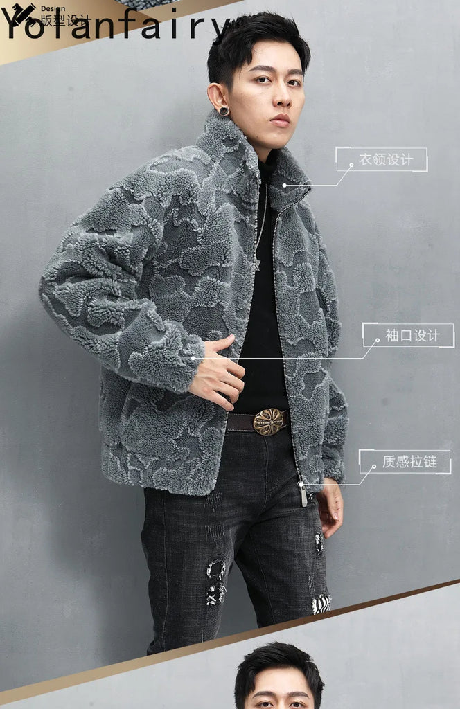Nature Wool Men’s Real Fur Shearling Coat – Winter Leather Jacket, Loose Fit, Short Style